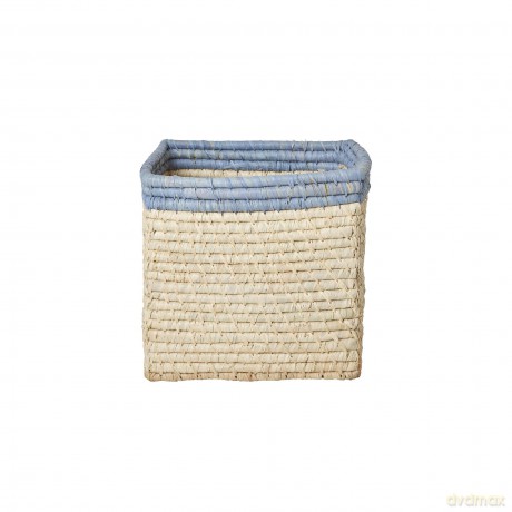 Rice - Raffia Basket without Handles in Nature with Blue Border - 20 cm x 20 cm x 20 cm - natural with blue border