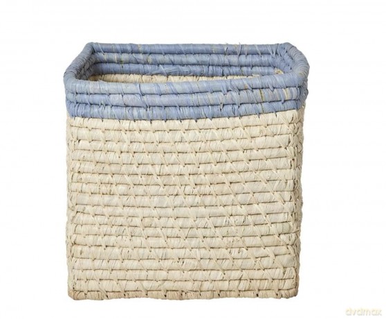 Rice - Raffia Basket without Handles in Nature with Blue Border - 20 cm x 20 cm x 20 cm - natural with blue border