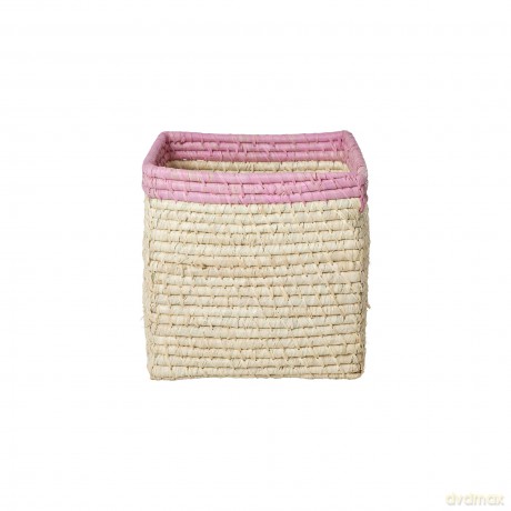 Rice - Raffia Basket without Handles in Nature with Soft Pink Border - 20 cm x 20 cm x 20 cm - natural with soft pink border