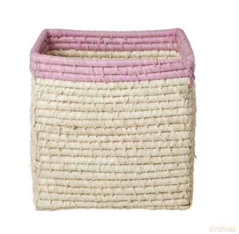 Rice - Raffia Basket without Handles in Nature with Soft Pink Border - 20 cm x 20 cm x 20 cm - natural with soft pink border