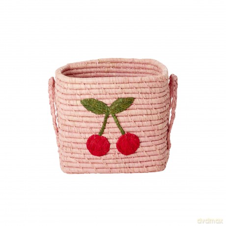 Rice - Raffia Square Basket with Big Cherry Embroidery - Soft Pink - Small