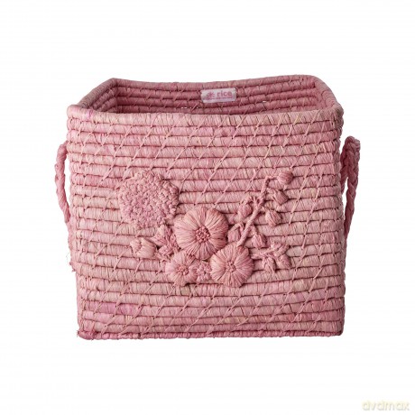 Rice - Raffia Square Basket with Flower Embroidery - Pink