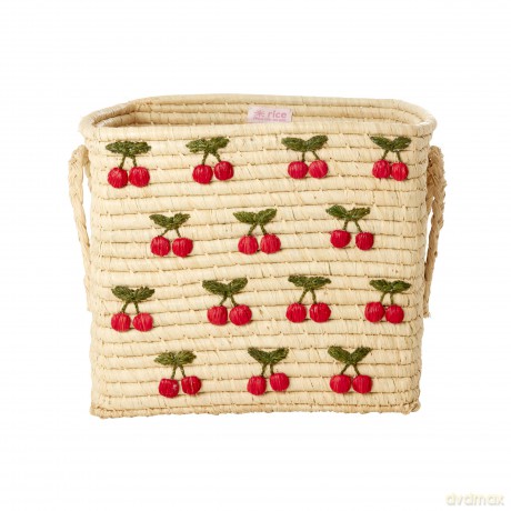Rice - Raffia Square Basket with Small Cherries Embroidery - Red - 30 cm x 30 cm x 25 cm