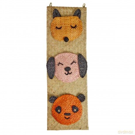 Rice - Raffia Wall Hanger with Animal Face Pockets - 60 cm x 20 cm