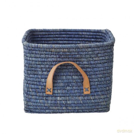 Rice - Small Square Raffia Basket with Leather Handles - Blue