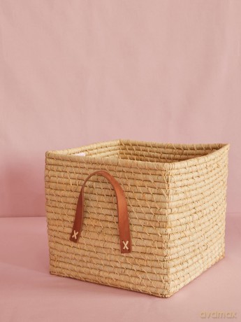 Rice - Small Square Raffia Basket with Leather Handles - Natural