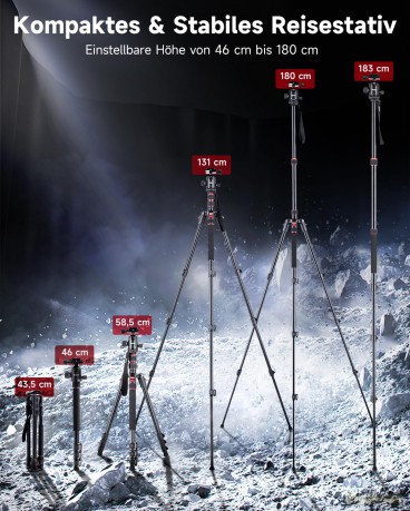Rollei - Compact Traveler No. 2 Tripod - Aluminium - 43.5 cm Pack Size, 44 cm Min Height, 180 cm Max Height