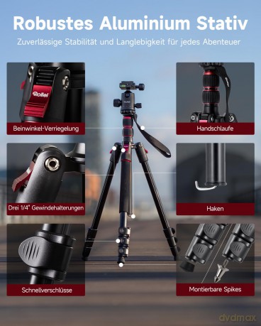 Rollei - Compact Traveler No. 2 Tripod - Aluminium - 43.5 cm Pack Size, 44 cm Min Height, 180 cm Max Height