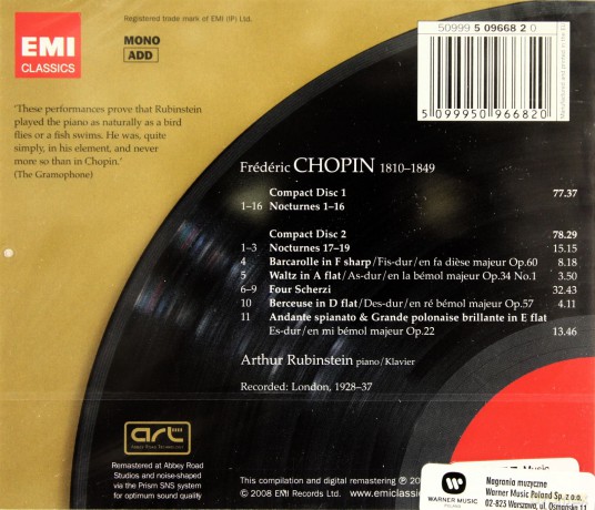 Artur Rubinstein: Fryderyk Chopin Nocturnes 1-19 Four Scherzi [2CD]