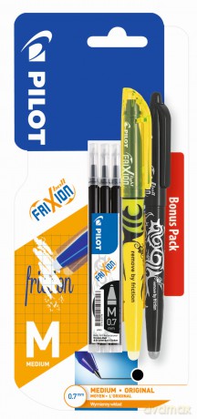 Pióro kulkowe Frixion Ball Pilot 0,7 czarne x1 + wkład Frixion Ball 0,7 czarny x3 + zakreślacz żółty x1 blister