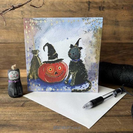 Karnet Halloween kwadrat Kot i dynia