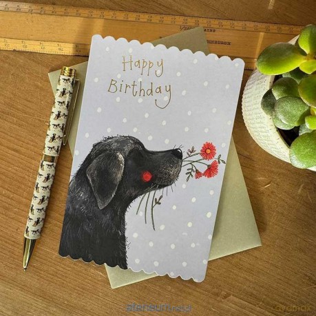 Karnet Urodziny Labrador z kwiatami