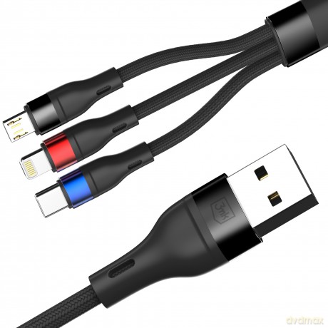 3mk Hyper Cable N-SERIES 3 in 1 A to C/Lightning/Micro 1.2m 9V/2A 18W Black