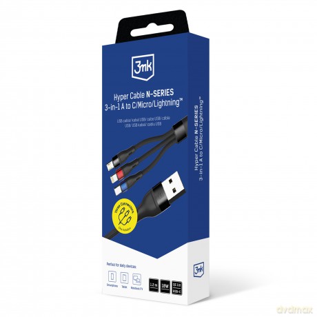 3mk Hyper Cable N-SERIES 3 in 1 A to C/Lightning/Micro 1.2m 9V/2A 18W Black