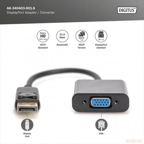 Display: Digitus 0.15m Dp Male To Hd15 Female Displayport Adapter Cable - Black [CD]