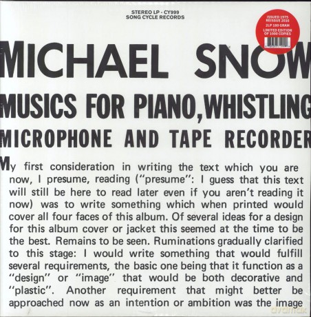 Michael Snow: Music For Piano, Whistling, Microphone And Tape Recorder [2xWinyl]