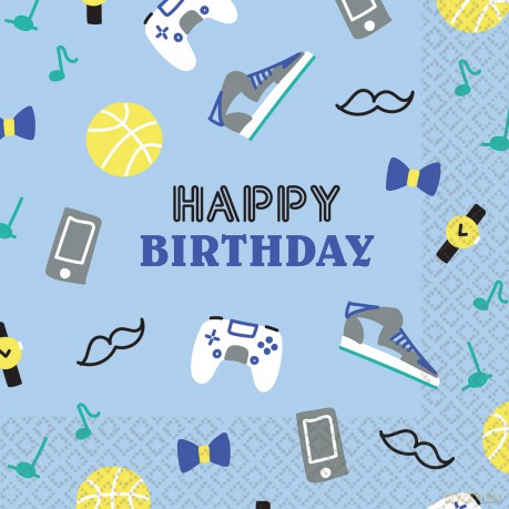16 Napkins "Happy Birthday" Blau 33cm X 33cm