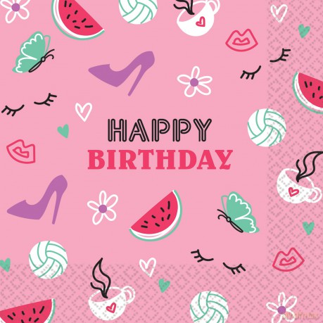 16 Napkins "Happy Birthday" Rosa 33cm X 33cm