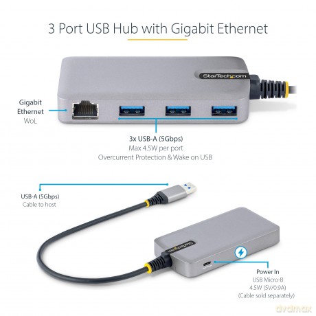 3-Port Usb Hub W/ Gbe Ethernet Adapter