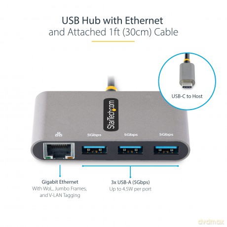 3-Port Usb-C Hub With Ethernet Portable