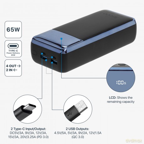 Battery Bank 30.000 Mah 65w Qc/Pd