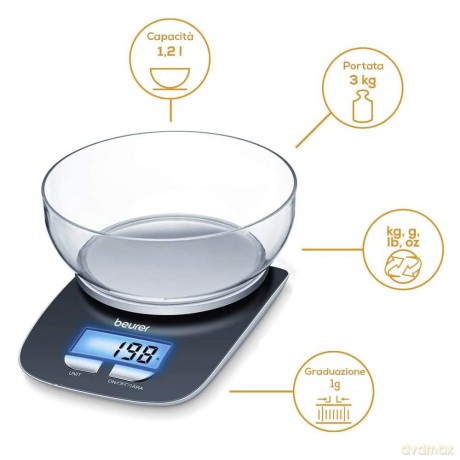 Beurer Ks 25 Bilancia Da Cucina Digitale Con Portata 3 Kg, Display Lcd Retroilluminato, Funzione Tara E Contenitore Removibile Da 1.2 L