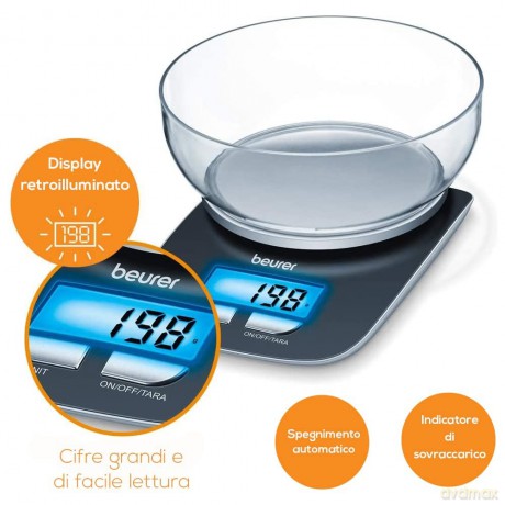 Beurer Ks 25 Bilancia Da Cucina Digitale Con Portata 3 Kg, Display Lcd Retroilluminato, Funzione Tara E Contenitore Removibile Da 1.2 L
