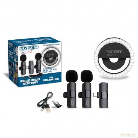 Bontempi 60 4120: 2 Microfoni Wireless Lavalier Con Anello Luminoso Da Selfie. Trasmettitore Conpresa