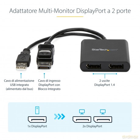 Displayport To Displayport Multi Monitor Splitter - 2-Port Mst Hub - Dp 1.2 To 2x Dp Mst Hub