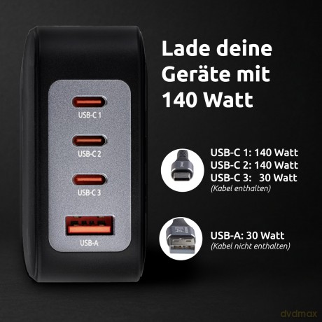 Power Adapter 3 Usb-C+1 Usb A 140w