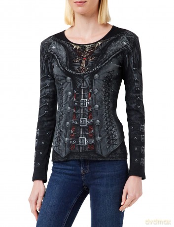Spiral Gothess Wrap Langarm T Shirt Top Waisted Gothic Tattoo - Girlie