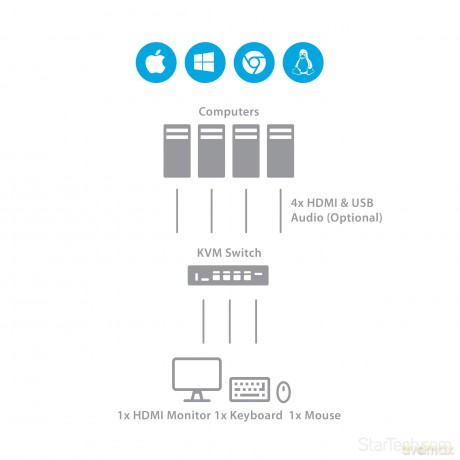 Startech Sv431hdu3a2 1080p 4-Port Hdmi Kvm Switch With Built-In Usb 3.0 Hub For Peripheral Devices