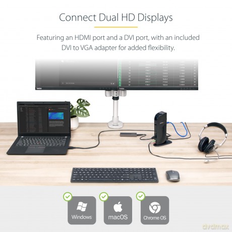 Startech.Com Universal Usb 3.0 Laptop Docking Station - Dual-Monitor Hdmi And Dvi - Audio - Ethernet - Port Replicator Notebook Dock