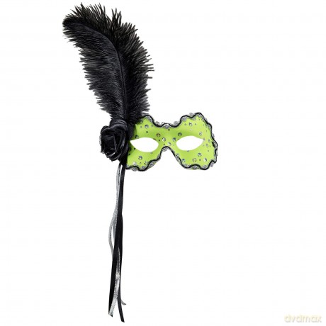 Widmann: Maschera Brazil Verde Fluorescente Con Paillettes Olografiche, Rosa,Nastri E Piuma