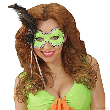 Widmann: Maschera Brazil Verde Fluorescente Con Paillettes Olografiche, Rosa,Nastri E Piuma