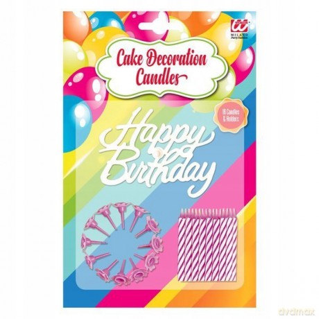 Widmann: Set Da 16 Candeline Decoro Torta Happy Birthday Con Supporti Rosa