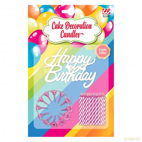 Widmann: Set Da 16 Candeline Decoro Torta Happy Birthday Con Supporti Rosa