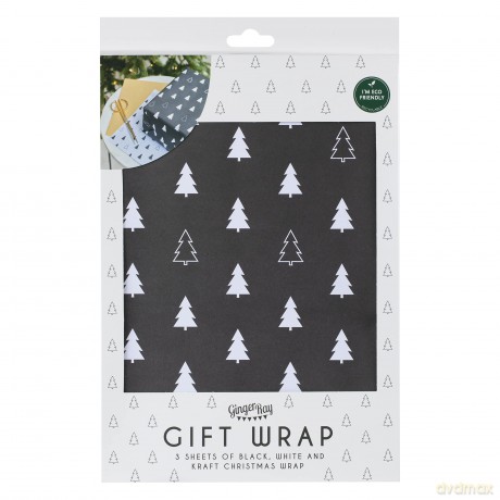 Wrap - Merry Christmas Tree Print - Black, Whit N