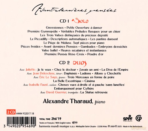 Satie: Avant-Dernieres Pensees Tharaud Le Sage Juliette Faust (digipack) [2CD]