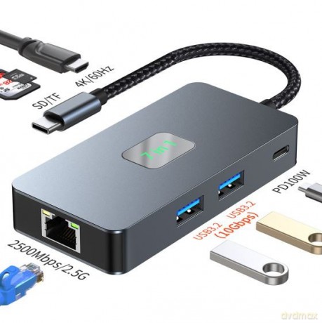 Adapter HUB USB C (7w1) HDMI USB SD/TF RJ45 (2500 Mbps) PD