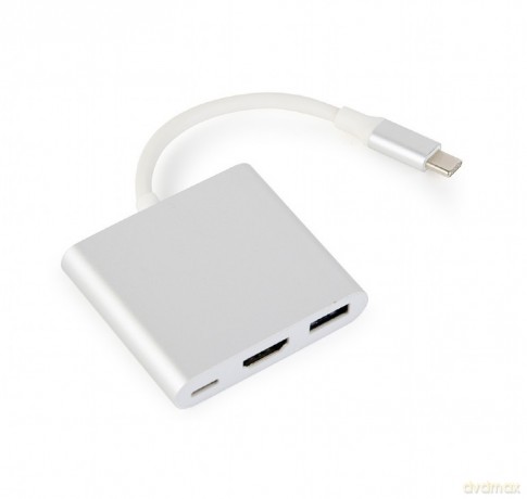 Adapter USB typ C srebrny USB C, USB A 3.0, HDMI