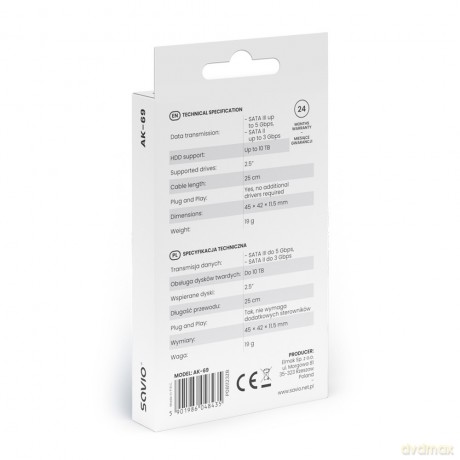 Adapter USB-C 3.1 Gen 1 (M) - SATA (F) do dysków 2.5 cala, AK-69