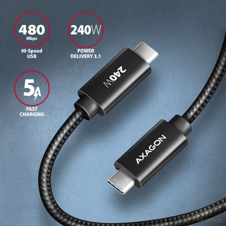 BUCM2-CM25AB Kabel USB-C - USB-C, 2.5m 5A charging, ALU, 240W PD, oplot, USB2.0, czarny