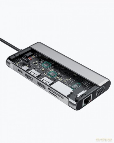 CB-C78 aluminiowy HUB USB-C | 12w1 | RJ45 Ethernet 10/100/1000Mbps | 2xUSB 3.1 | 2xUSB 2.0 | 2xHDMI 4k@30Hz | VGA | SD i microSD | USB-C