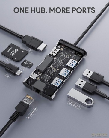 CB-C91 aluminiowy HUB USB-C | 8w1 | RJ45 Ethernet 10/100/1000Mbps | 3xUSB 3.1 | HDMI 4k@30Hz | SD i micro SD | USB-C Power Delivery 100W