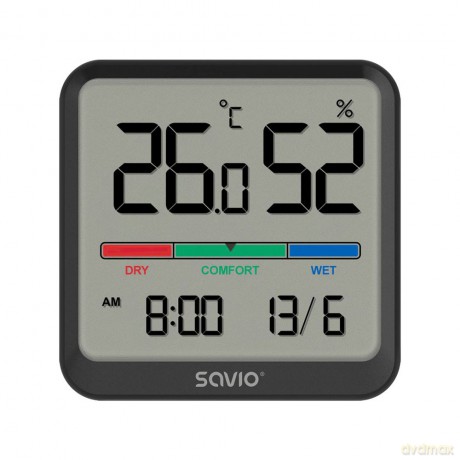 Czujnik temperatury i wilgotności, do użytku wewnętrznego, ekran LCD, zegar, data, uchwyt z magnesem, CT-01/B Czarny