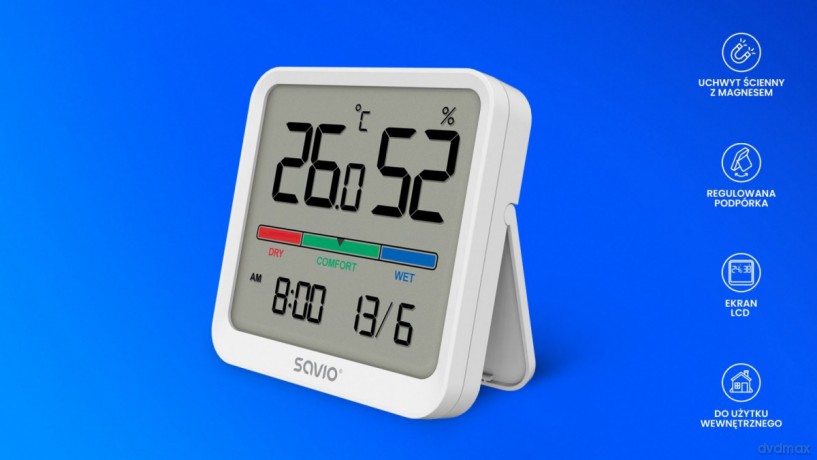 Czujnik temperatury i wilgotności, do użytku wewnętrznego, ekran LCD, zegar, data, uchwyt z magnesem, CT-01/W Biały