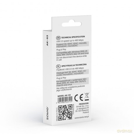 Czytnik kart SD, USB 2.0, 480 Mbps, AK-63
