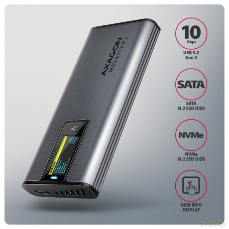 EEM2-SD2 Obudowa zewnętrzna aluminiowa bezśrubowa USB-A/C 3.2 Gen2 M.2 NVMe/SATA display LCD