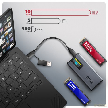 EEM2-SD2 Obudowa zewnętrzna aluminiowa bezśrubowa USB-A/C 3.2 Gen2 M.2 NVMe/SATA display LCD